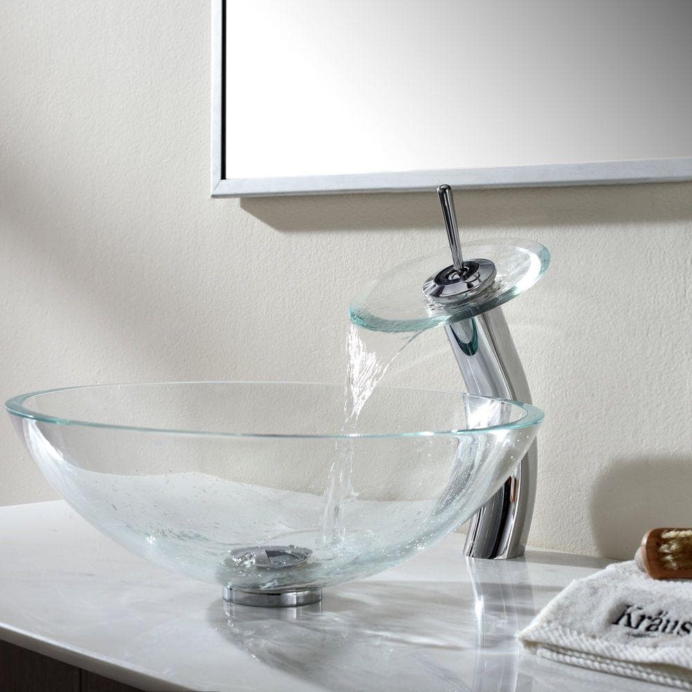 Crystal Clear Round Glass Vessel Bathroom Sink with Engraved Design