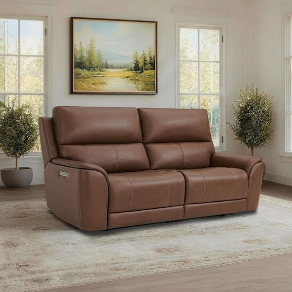 82 in. 2 Seats Genuine Leather Power Reclining Double Width Loveseat in Light Brown