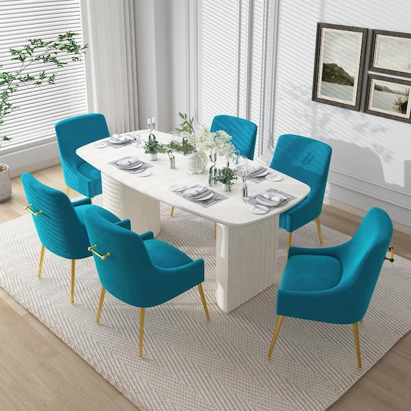 Clihome 7-Piece Solid Wood Top Dining Table Set with Lake Blue Velvet Dining Chair (Seats of 6)