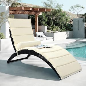 Foldable Wicker Outdoor Chaise Lounge with Removable Beige Cushion and Bolster Pillow