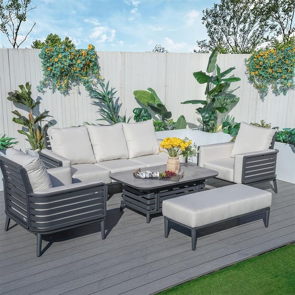 DIRECT WICKER Premium Grey 5-Piece Aluminum Outdoor Sectional Sofa Set with Coffee Table, Bench, Beige Cushions