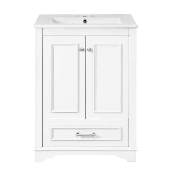 24 in. W Freestanding Bath Vanity in White with White Ceramic Top, One Flip Drawer and Doors, Solid Wood