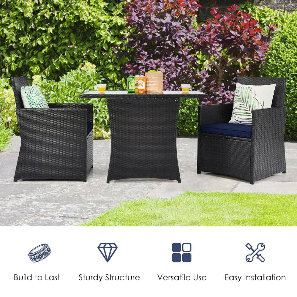 Navy 3-Piece Outdoor Patio Rattan Bistro Set with Cushions