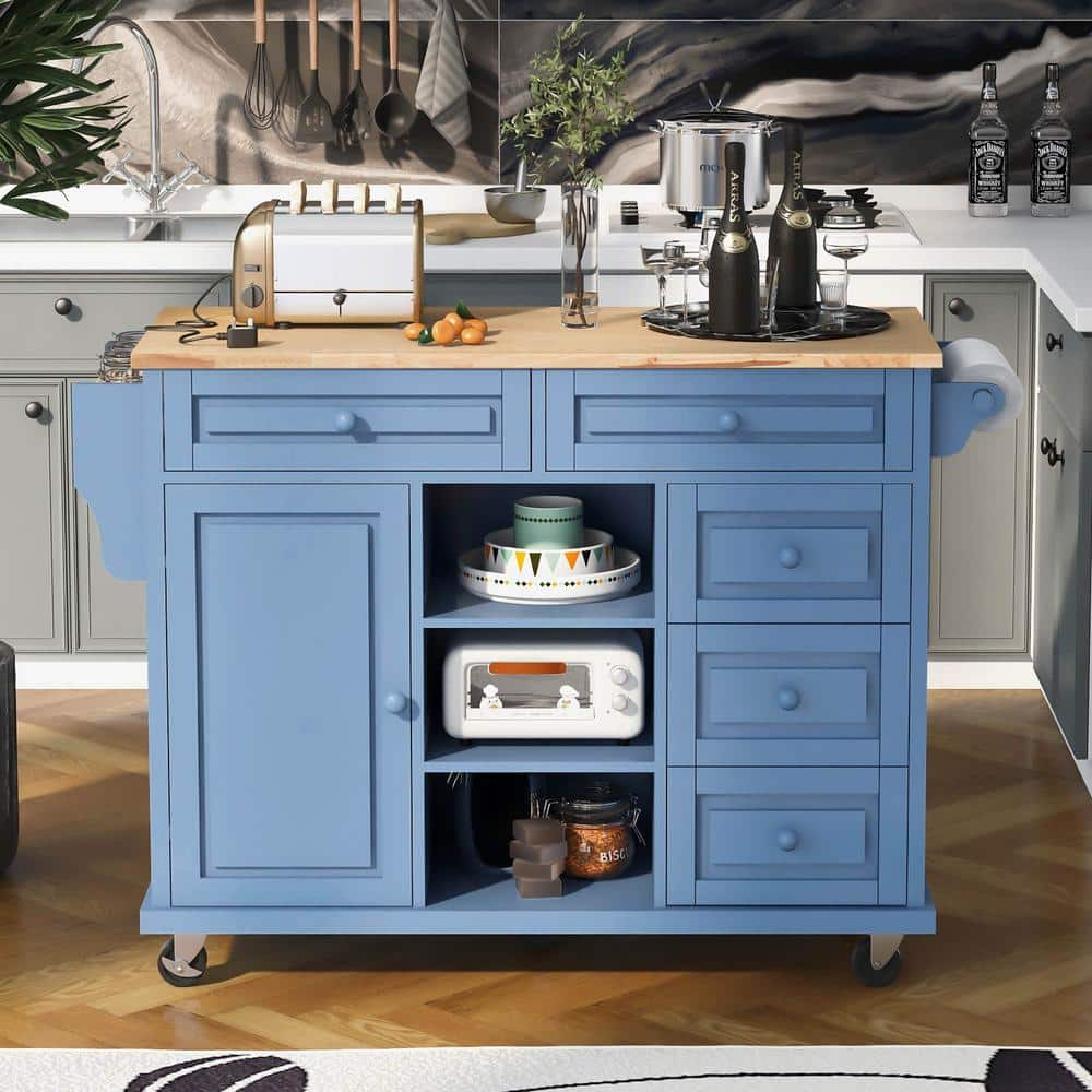 Blue Kitchen Cart with Rubber Wood Top, Mobile Kitchen Island with Storage and 5 Drawers -  Polibi, RS-KCRBDRMBU-PJ