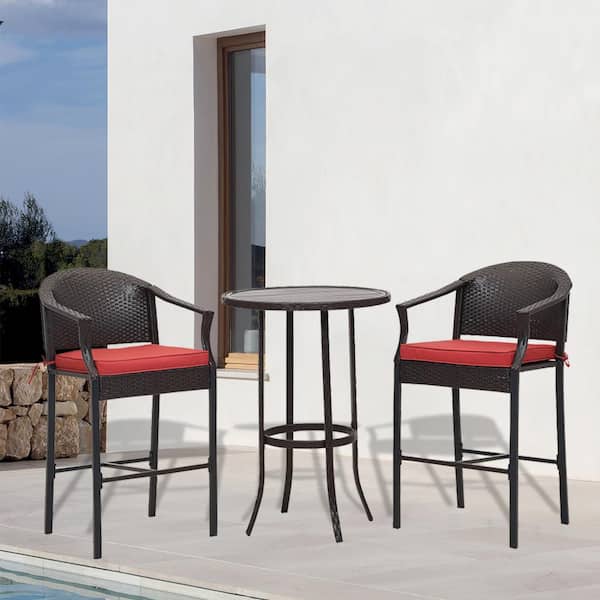 Unbranded Black 3-Piece Metal Outdoor Bistro Patio Bar Set with Red Cushion Bar Table and Padded Bistro Chairs