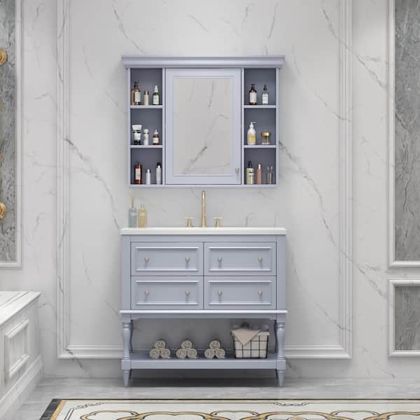 Staykiwi 36 in. W x 18 in. D x 34 in. H Single Sink Freestanding Bath Vanity in Blue with Cultured Marble Top and Mirror Cabinet