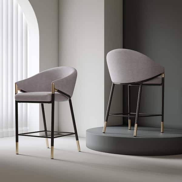 Bing 38 in. H Gray Fabric Upholstered Modern Bar Stools with Black Metal Frame, Curved Armrests, Set of 2