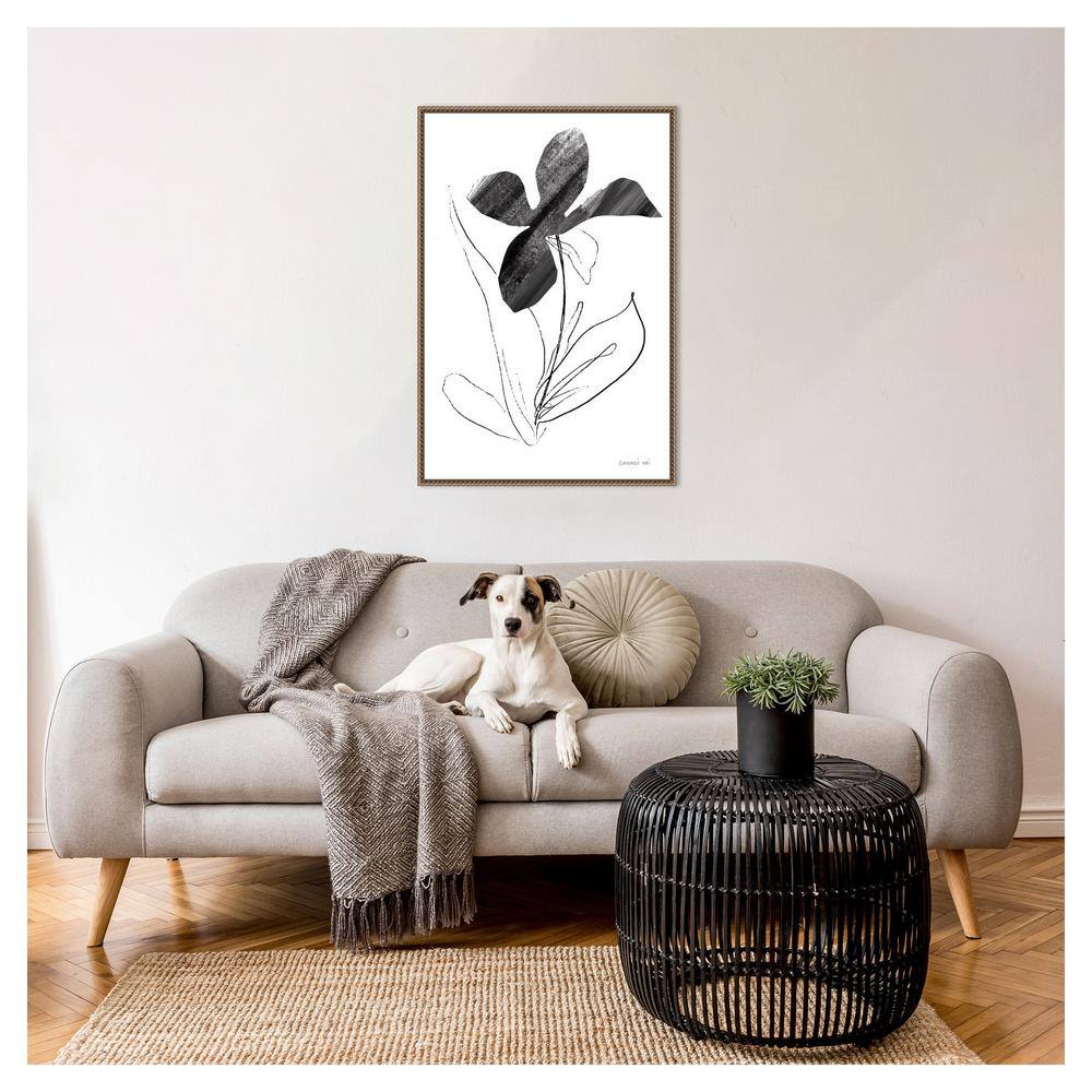 Black and White Abstract Floral Canvas with Bronze Frame