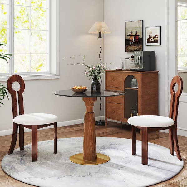 33.46 in. Tempered Glass Top Round Conversation End Table with Solid Wood Base For Apartment, Courtyard, Corner in Gray