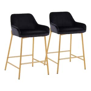 Daniella 33 in. Fixed-Height Black Velvet and Gold Steel Counter Height Bar Stool (Set of 2)