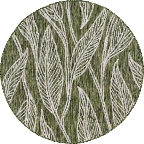 Unique Loom Outdoor Leaf Green 4 ft. Round Area Rug