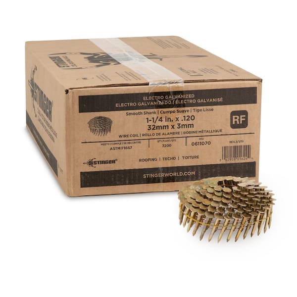Stinger 1-1/4 in. x 0.120-Gauge Electro Galvanized Smooth Shank Wire Coil Roofing Nails (7200 per Box)