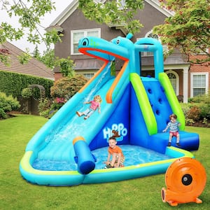 Inflatable Kids Hippo Bounce House Slide Climbing Wall Splash Pool with 740-Watt Blower