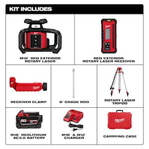 M18 2000 ft. Red Exterior Rotary Laser Level Kit with Receiver, Receiver Clamp, Tripod, and Grade Rod