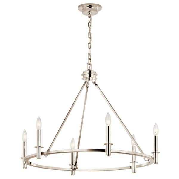 KICHLER Carrick 32.25 in. 6-Light Polished Nickel Traditional Candle Circle Chandelier for Dining Room