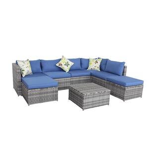 Gray 8-Piece Wicker Patio Conversation Set with Blue Cushions
