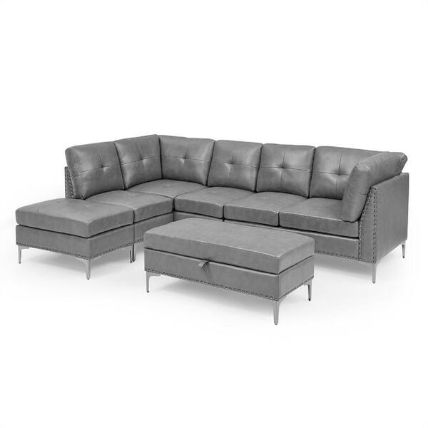 ARTFUL LIVING DESIGN Blanco Grey 103 in.wide Sectional 3-Piece Leather Sofa with Nailhead Trim