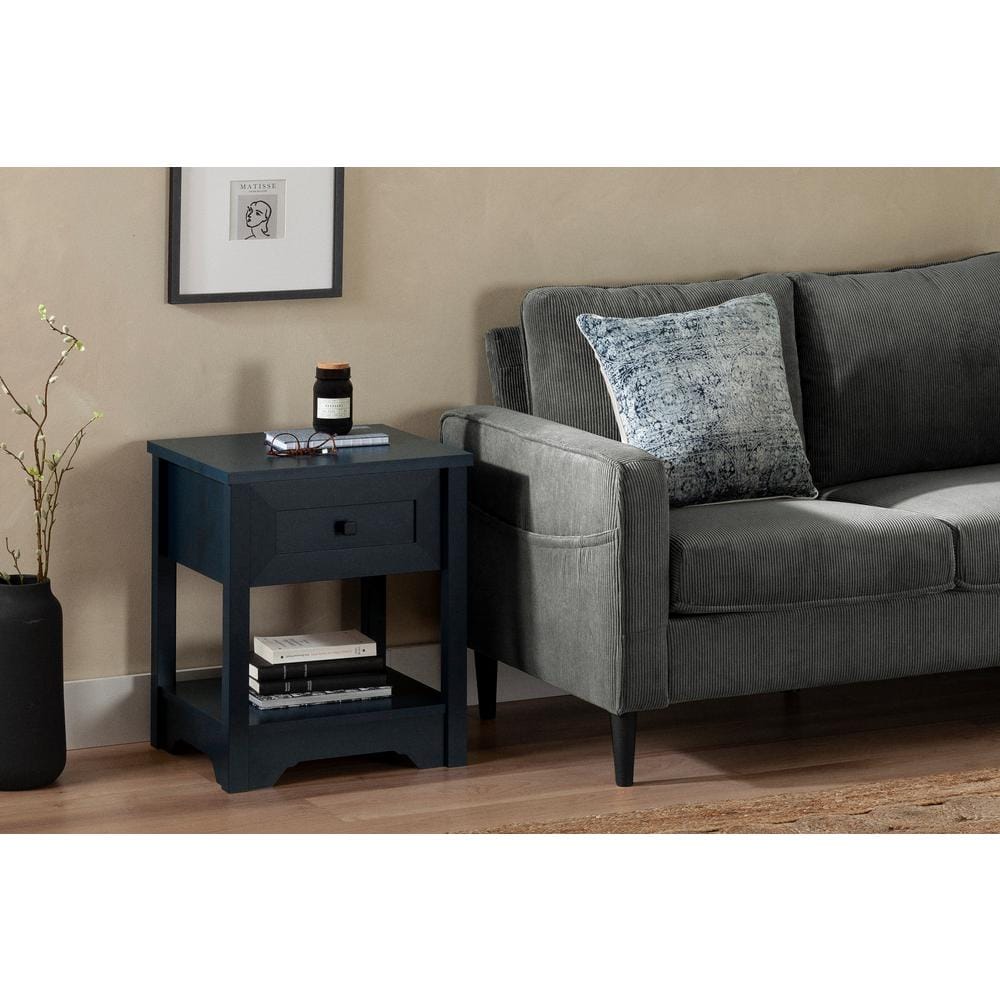 Navy Blue Rectangular Wood End Table with Storage