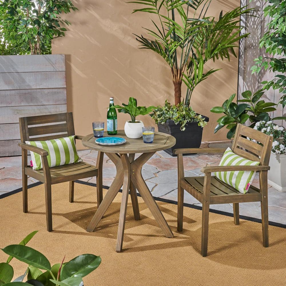 Noble House Stamford Grey 3 Piece Wood Outdoor Bistro Set With Cross Legged Table 53199 The Home Depot