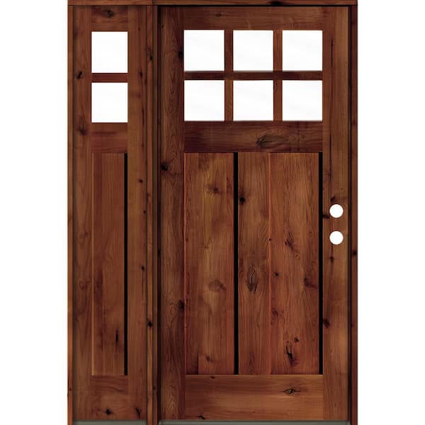 Krosswood Doors 50 in. x 80 in. Craftsman Alder 2 Panel Left Hand 6Lite Clear Glass Red Chestnut Wood Prehung Front Door /Left Sidelite