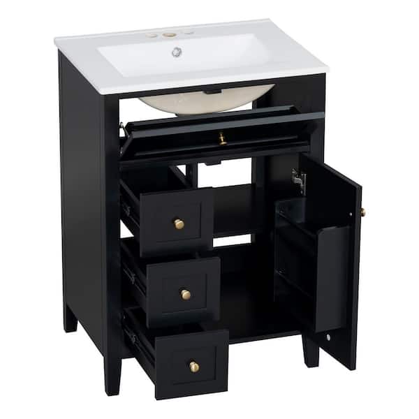 24 in. W Single Sink Freestanding Black Bath Vanity with White Ceramic Top and Drawers, Unassembled