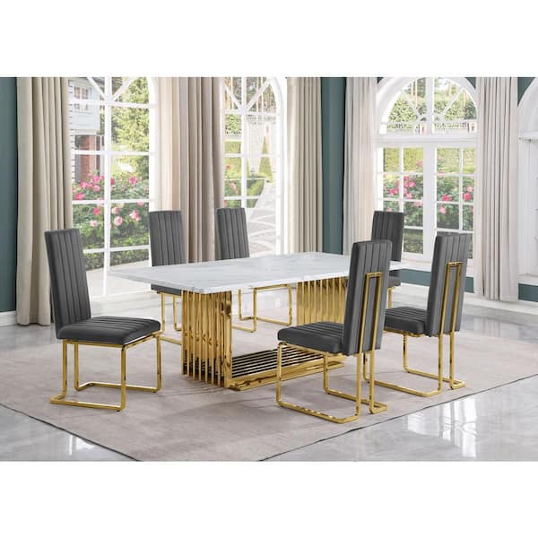Best Quality Furniture Lisa 7-Piece Rectangle White Marble Top Gold Stainless Steel Dining Set With 6-Dark Grey Velvet Gold Chrome Iron Chairs