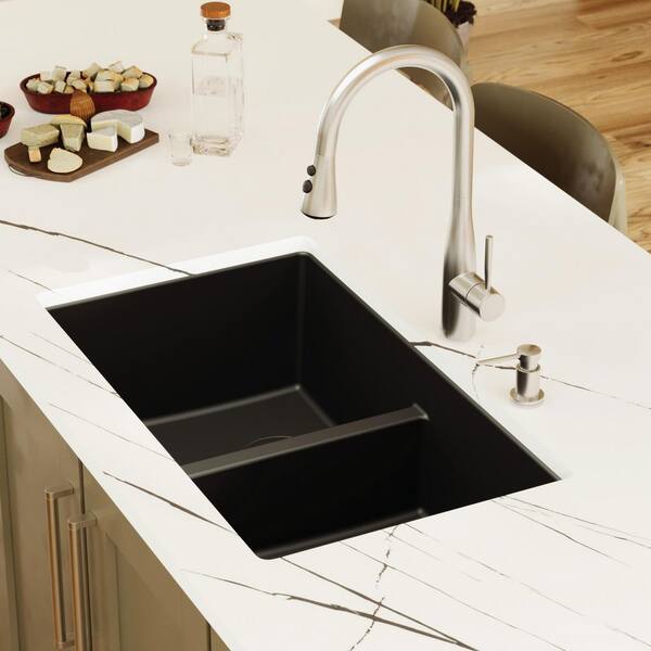 Quartz Black 32 in. 50/50 Double Bowl Composite Undermount Kitchen Sink