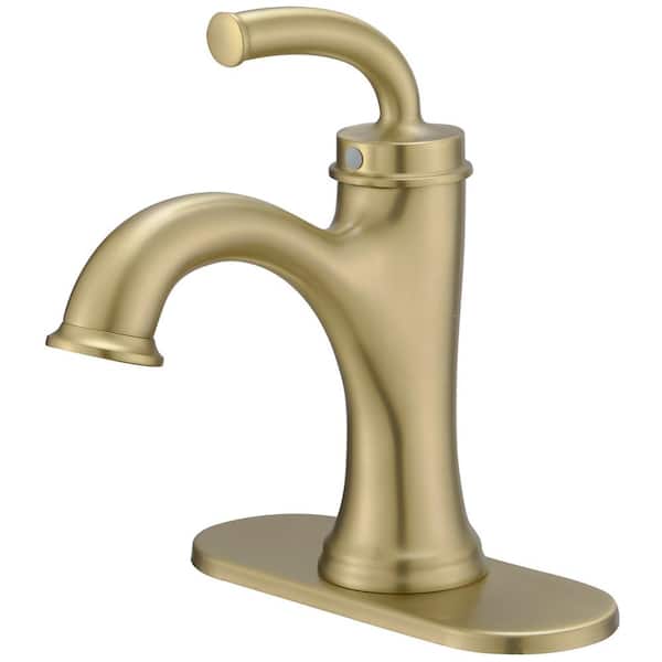 FLG Single Handle Single Hole Bathroom Faucet with Drain Kit and Deckplate Modern Brass Sink Vanity Taps in Brushed Gold