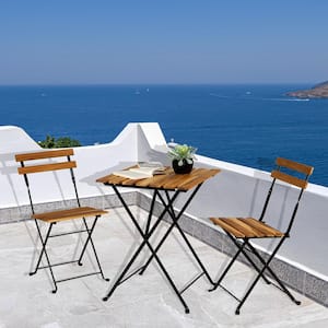 Outdoor Brown 3-Piece Wood Rectangle 28 in. Outdoor Bistro Set with Blue Cushions