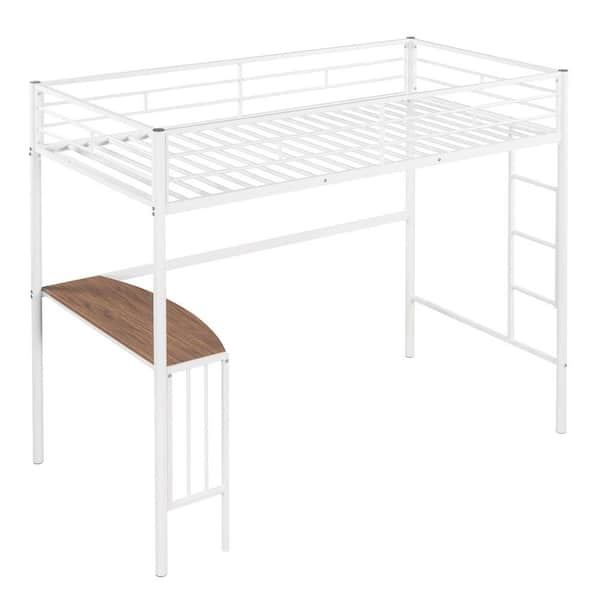 URTR White Twin Size Metal Loft Bed with Desk, Loft Bed with Full-Length Guardrail, No Box Spring Needed