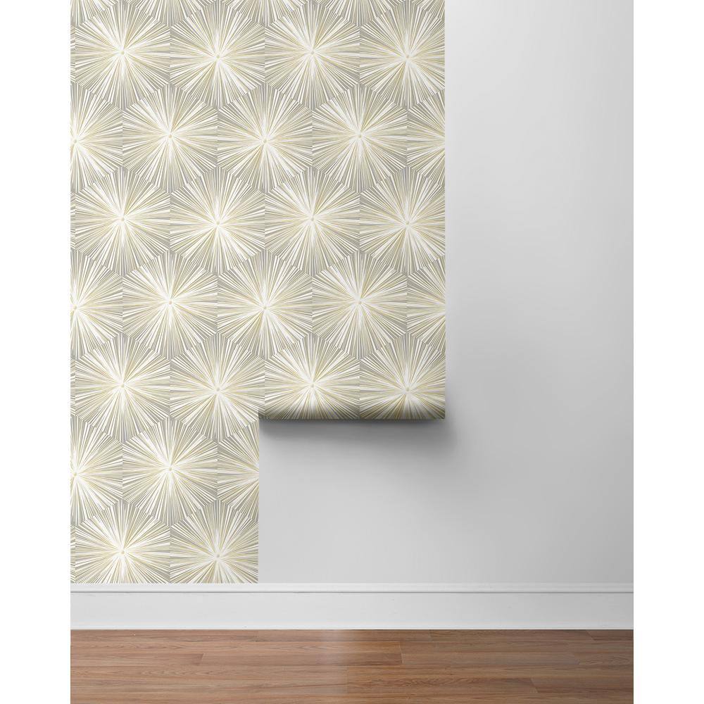 Grey and Metallic Gold Hex Starburst Peel and Stick Wallpaper