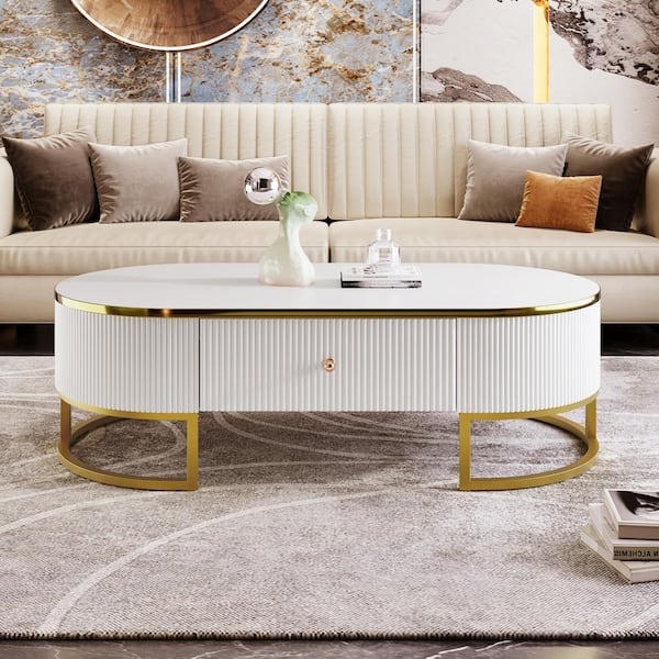 Modern 47.2 in. White Oval MDF Top Coffee Table with 2-Drawers and Gold Base