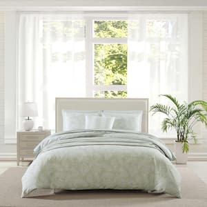 Art Of Palms Green 3-Piece Plain Weave Cotton Full/Queen Reversible Comforter Sham Set