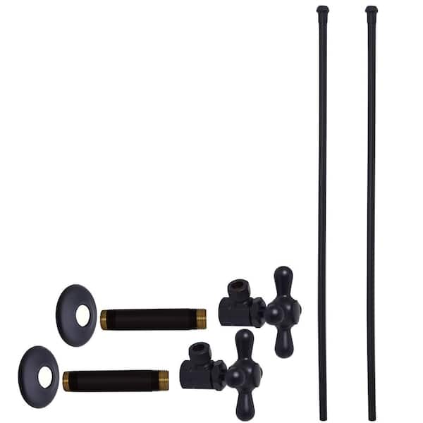 Westbrass 1/2 in. IPS x 3/8 in. OD x 20 in. Bullnose Dual Supply Line Kit with Cross Handle Angle Shut Off Valves, Matte Black