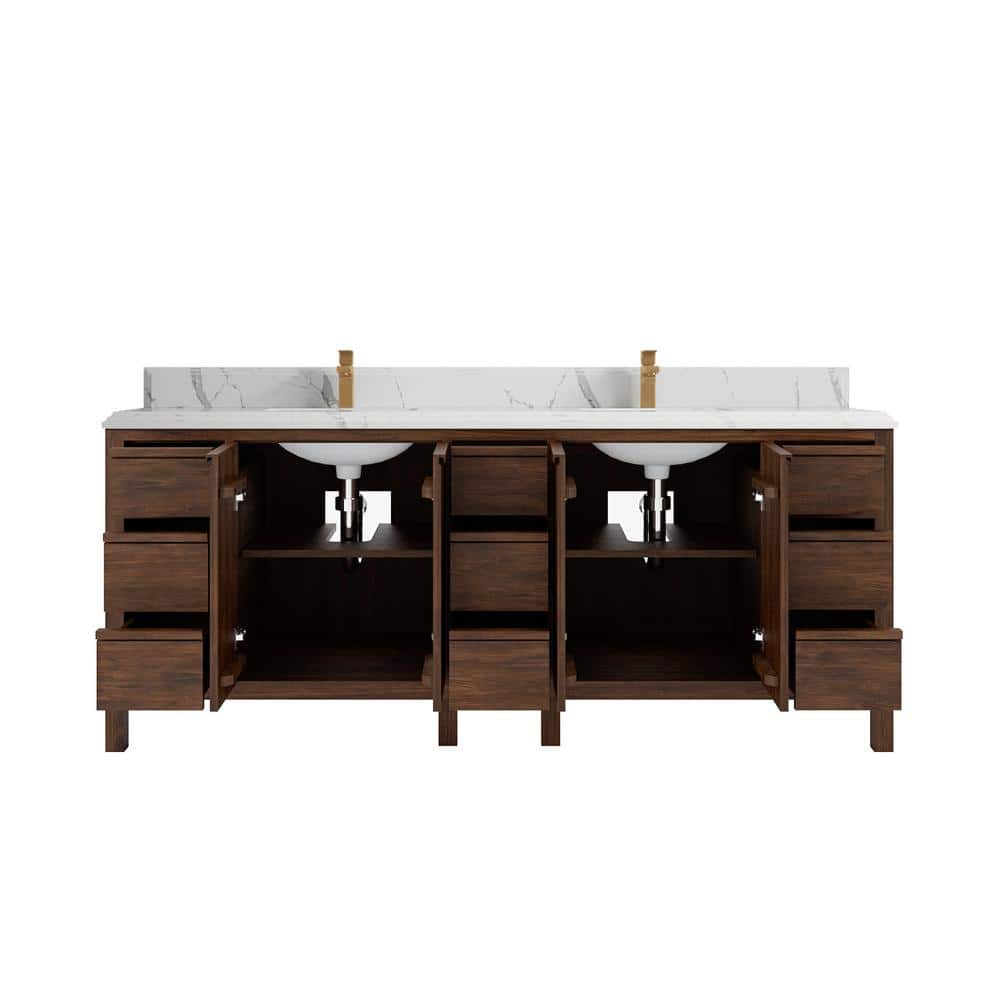 84'' Dark Walnut Teak Double Bathroom Vanity with Quartz Top
