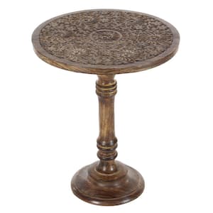 17 in. Dark Brown Handmade Intricately Carved Floral Large Round Wood End Accent Table