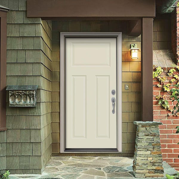 30 in. x 80 in. 3-Panel Craftsman Vanilla Painted Steel Prehung Left-Hand Inswing Front Door w/Brickmould