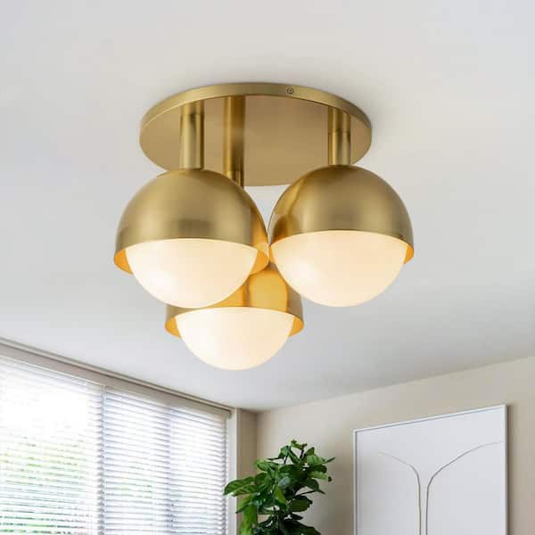 Y'INSP 18.7 in. 3-Light Brass Mid-Century Semi-Flush Mount with Milky Frosted Glass Shade and No Bulbs Included