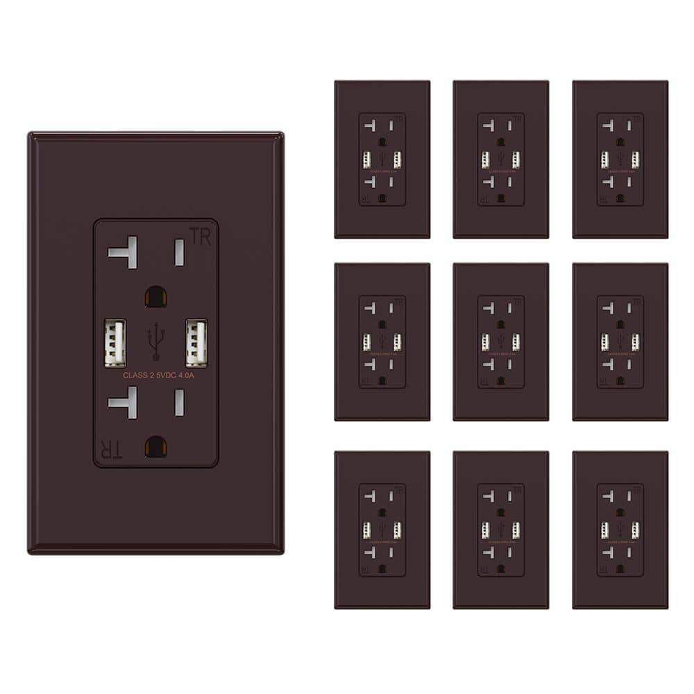 ELEGRP 4.0 Amp USB Outlet, Dual Type A In-Wall Charger with 20 Amp Duplex Tamper Resistant Outlet, Brown (10-Pack) -  R1620D40-BR10