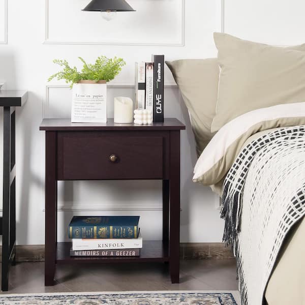 Costway 1-Drawer Brown Nightstand 24 in. x 22 in. x 15 in.