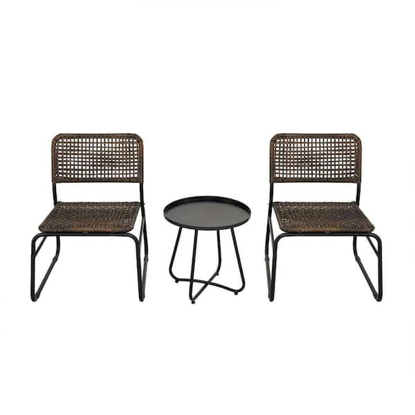 Gruisse 3-Piece Wicker Outdoor Seating Set with Steel Frame and Round Table, Brown and Black