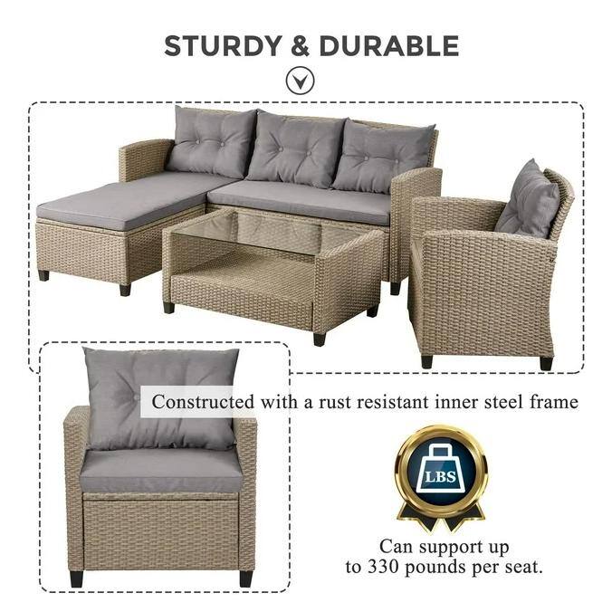 4-Piece Beige Brown Wicker Patio Set with Gray Cushions