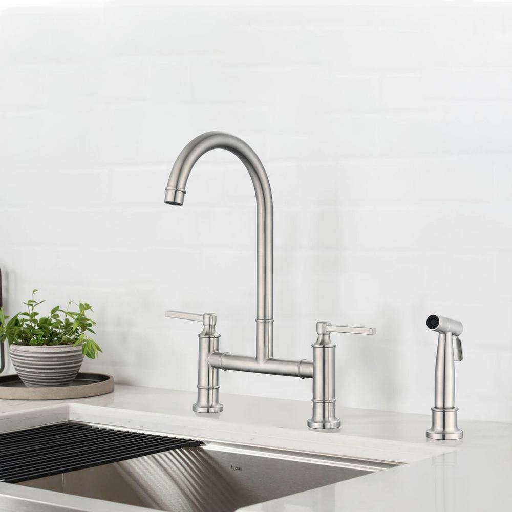 Brushed Nickel Double Handle Bridge Kitchen Faucet with Side Spray