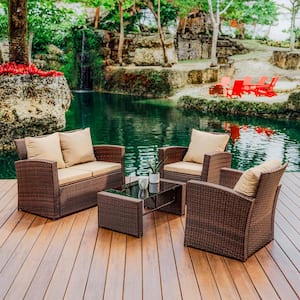 4-Piece Brown Wicker Premium Patio Furniture Wicker Conversation Set with Beige Cushions and Coffee Table
