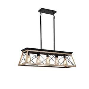 31.5 in. 5-Light Oak Industrial Kitchen Island Farmhouse Chandeliers Pendant Light Fixture Metal Solid Ceiling Lights