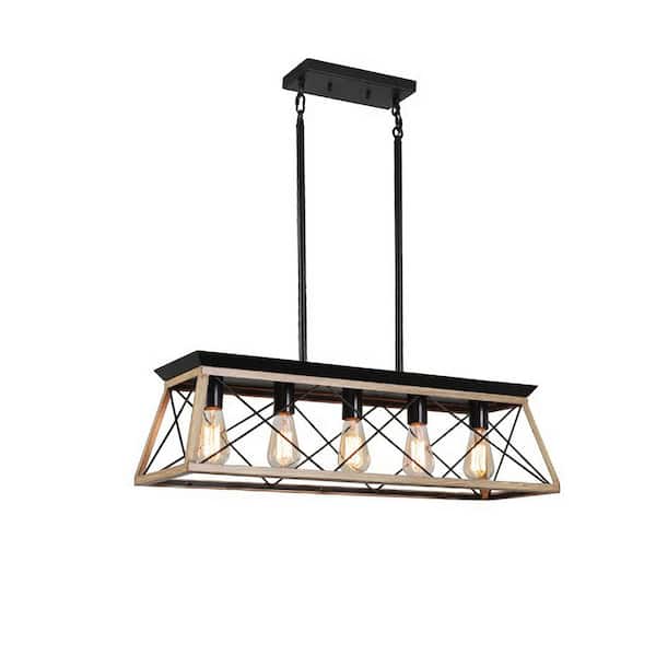 Unbranded 31.5 in. 5-Light Oak Industrial Kitchen Island Farmhouse Chandeliers Pendant Light Fixture Metal Solid Ceiling Lights