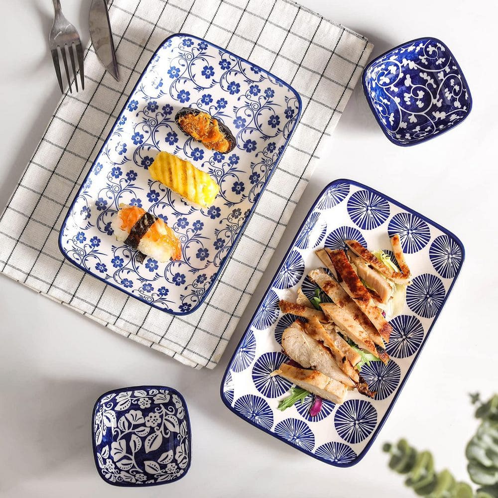 Wudkey Vintage Blue Ceramic 9.5 in. Rectangular Plates for