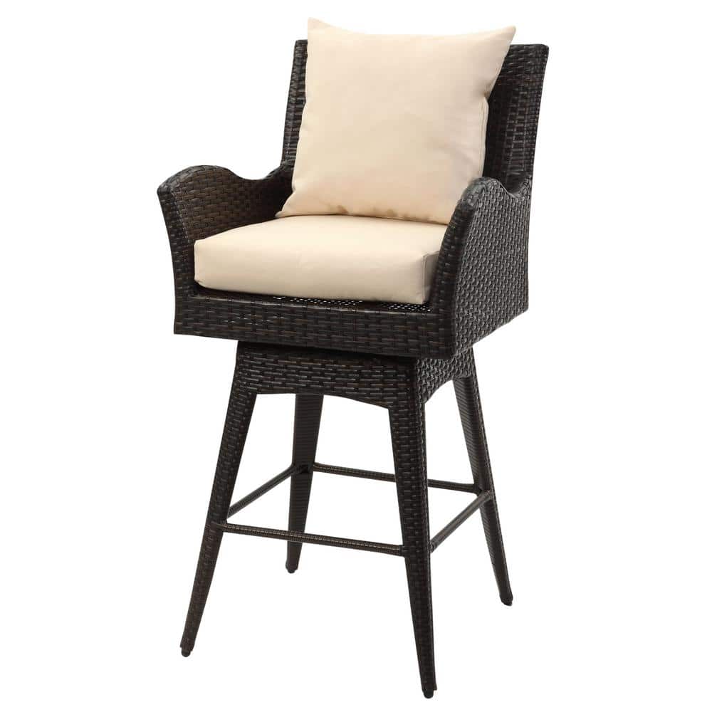 Hayes Brown Swivel Wicker Barstool with Beige Cushions