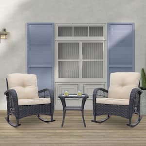 Dark Brown 3-Piece Wicker Rocking Patio Conversation Set with Beige Cushions