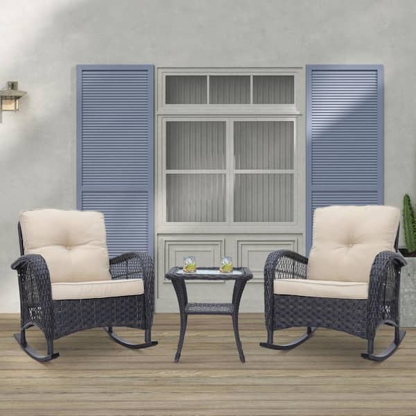 Maypex Dark Brown 3-Piece Wicker Rocking Patio Conversation Set with Beige Cushions